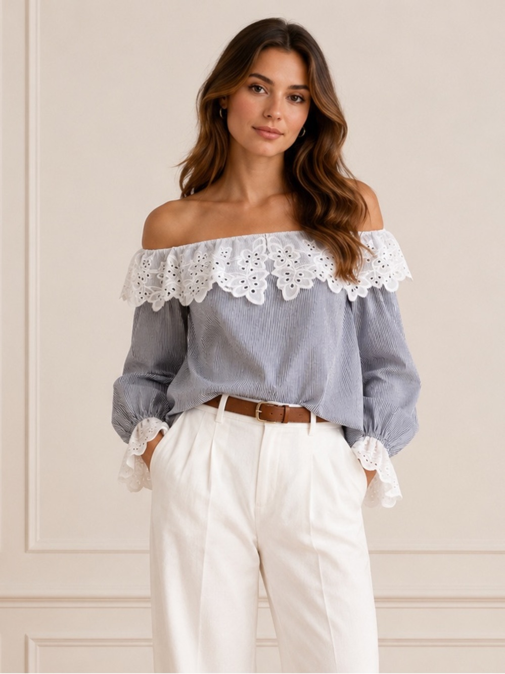 Alice McCall Stripe Off The Shoulder Balloon Sleeve Top Eyelet Lace Trim Sz 10